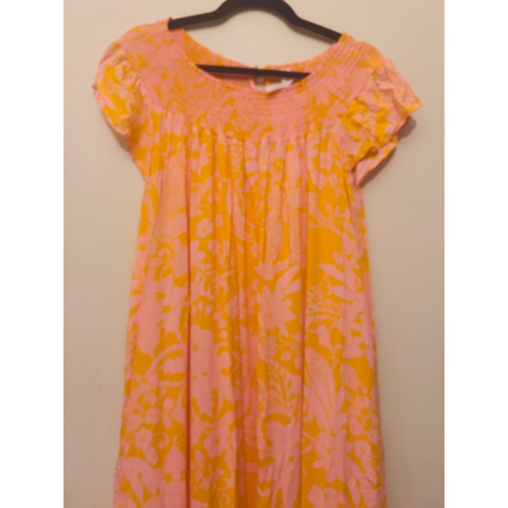 Anthropologie Midi Dress Women MP Pink Orange Excellent Smocked Floral Pockets